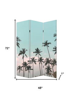 Light green folding three-panel screen room divider featuring palm trees against a pastel sky. Measures 72" x 48" x 1".