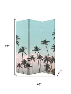Light green folding three-panel screen room divider featuring palm trees, measuring 72" tall and 48" wide.
