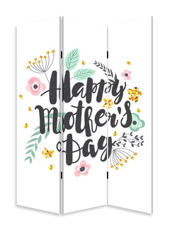 72" White Folding Three Panel Screen Room Divider featuring a floral design with "Happy Mother's Day" text.