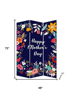 72" white folding three-panel screen room divider featuring a floral design with "Happy Mother's Day" text on a navy backgrou