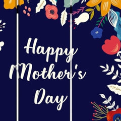 Colorful floral design on a navy background with "Happy Mother's Day" text on a 72" white folding three-panel screen room div
