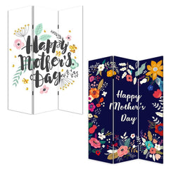 72" White Folding Three Panel Screen Room Divider featuring floral designs and "Happy Mother's Day" text on both sides.
