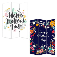72" White Folding Three Panel Screen Room Divider featuring floral designs and "Happy Mother's Day" text on both sides.