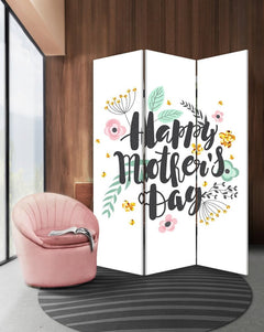 72" White Folding Three Panel Screen Room Divider featuring a floral "Happy Mother's Day" design in a modern interior setting