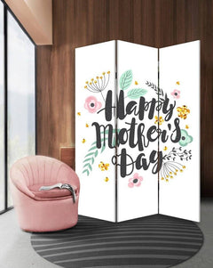 72" White Folding Three Panel Screen Room Divider featuring a floral "Happy Mother's Day" design, set in a modern interior.