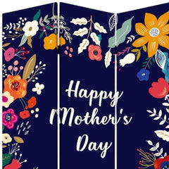 72" White Folding Three Panel Screen Room Divider featuring a floral design with "Happy Mother's Day" text on a dark backgrou