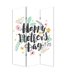 White folding three-panel screen room divider featuring a floral design with "Happy Mother's Day" text. Ideal for decoration.