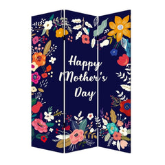 72" White Folding Three Panel Screen Room Divider featuring a floral design with "Happy Mother's Day" text on a dark backgrou