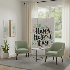 72" White Folding Three Panel Screen Room Divider featuring a floral design with "Happy Mother's Day" text, set in a cozy roo