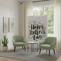 72" White Folding Three Panel Screen Room Divider featuring a "Happy Mother's Day" design in a bright, modern living space.