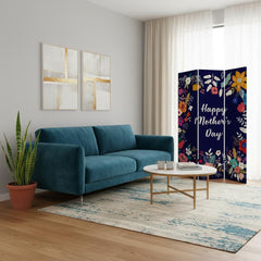 72" White Folding Three Panel Screen Room Divider with floral design, displayed in a modern living room setting.