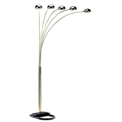 84" Gold Five Light Arc Floor Lamp features a sleek brass metal dome shade and a modern design with curved arms.
