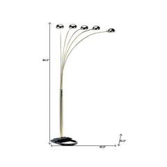 84" Gold Five Light Arc Floor Lamp features brass metal dome shades and a sleek black base, perfect for modern decor.