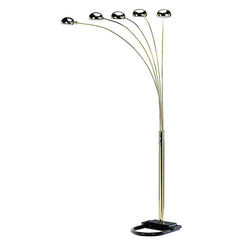 84" Gold Five Light Arc Floor Lamp with Brass Metal Dome Shade featuring curved arms and a sleek black base.