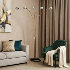 84" Gold Five Light Arc Floor Lamp with Brass Metal Dome Shade, featuring sleek arcs, modern design, and a stylish living roo