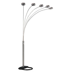 84" Gold Five Light Arc Floor Lamp with brass metal dome shades and a sleek black base, featuring curved arms for elegant lig