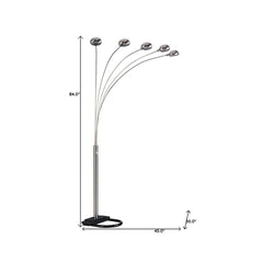 84" Gold Five Light Arc Floor Lamp with Brass Metal Dome Shade featuring curved arms and a sleek base. Ideal for modern decor