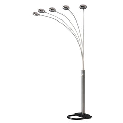 84" Gold Five Light Arc Floor Lamp features a sleek design with brass metal dome shades and a sturdy black base.