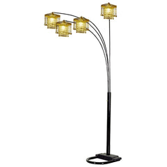 84" Black Four Light Arc Floor Lamp with Clear Crystal Glass Chandelier Shade featuring four elegant shades with crystal acce