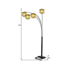 84" black four light arc floor lamp featuring clear crystal glass chandelier shades, with a sleek design and modern elegance.