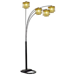 84" Black Four Light Arc Floor Lamp featuring clear crystal glass chandelier shades with a stylish design.
