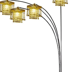 84" Black Four Light Arc Floor Lamp featuring clear crystal glass chandelier shades with elegant hanging crystals.