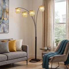 84" Black Four Light Arc Floor Lamp with Clear Crystal Glass Chandelier Shade, featuring elegant design and warm lighting in 