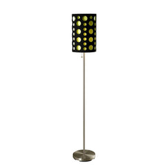 66" Steel Novelty Floor Lamp with a black and green drum shade featuring circular cutouts, set on a round base.