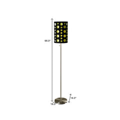 66" steel floor lamp with a black and green drum shade featuring circular cutouts, modern design, and a sleek base.