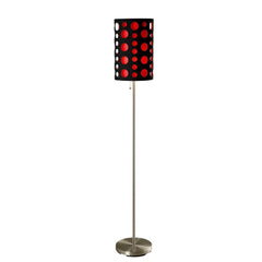 66" Steel Novelty Floor Lamp featuring a black and white drum shade with red polka dots and a sleek metal base.