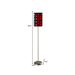 66" Steel Novelty Floor Lamp with a black and red drum shade featuring circular cutouts, standing on a round base.