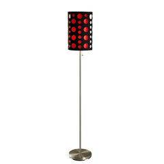 66" Steel Novelty Floor Lamp featuring a black and red drum shade with circular cutouts, standing on a round base.