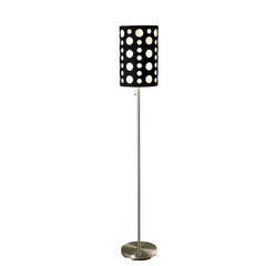 66" Steel Novelty Floor Lamp with a black and red drum shade featuring cut-out circular patterns, standing on a round base.