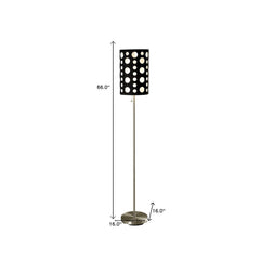 66" steel floor lamp with a black and red drum shade featuring circular cutouts, modern design, and a round base.