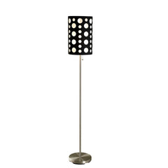 66" Steel Novelty Floor Lamp with a black and red drum shade featuring cut-out circles, sleek metal base, and pull chain.
