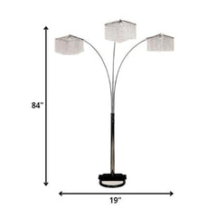 84" Silver Metal Three Light Arched Floor Lamp with clear crystal square shades, featuring a sleek design and modern elegance