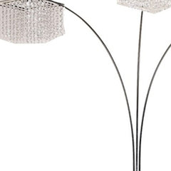 84" Silver Metal Three Light Arched Floor Lamp with Clear Crystal Square Shades, featuring elegant curved arms and sparkling 