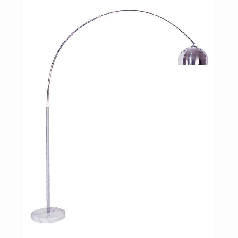 White metal arched floor lamp with a silver metal dome shade and curving arm.