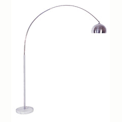 85" white metal arched floor lamp with a silver metal dome shade and a sturdy marble base. Elegant and modern design.