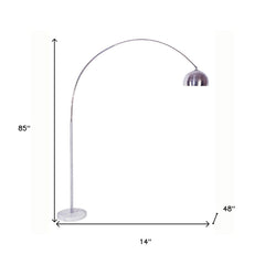 85" white metal arched floor lamp with a silver dome shade, featuring a sleek design and a sturdy base.