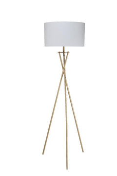 65" gold and white tripod floor lamp featuring a white fabric drum shade and sleek, modern design.