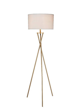 65" gold and white tripod floor lamp featuring a white fabric drum shade and sleek, modern design.