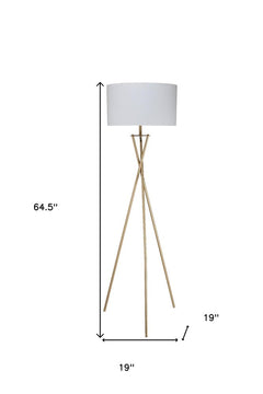 65" gold and white tripod floor lamp with a white fabric drum shade, featuring a sleek, modern design and dimensions.