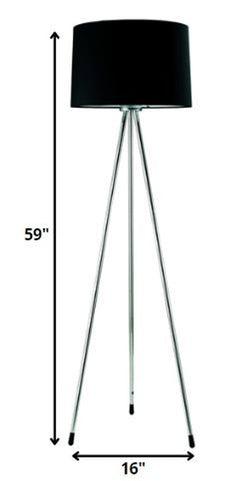 59" Silver tripod floor lamp with a black fabric drum shade, featuring sleek legs and a modern design.