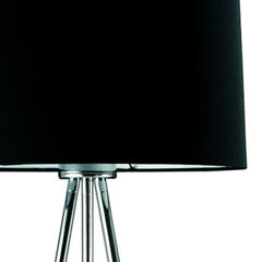59" Silver Tripod Floor Lamp with a sleek black fabric drum shade, featuring a modern design and polished chrome legs.