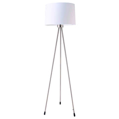 59" white tripod floor lamp with a white drum shade and sleek silver legs, perfect for modern home decor.