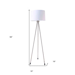 59" white tripod floor lamp with a white drum shade, featuring sleek metal legs and a modern design. Dimensions: 59" height, 