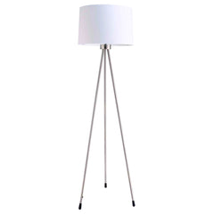 59" white tripod floor lamp with a white drum shade and sleek silver legs, perfect for modern home decor.
