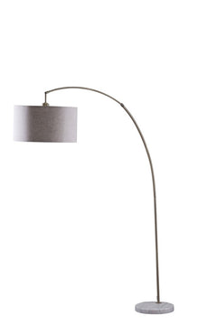 86" beige and antique gold arched floor lamp with a gray drum shade and a round marble base. Elegant and modern design.