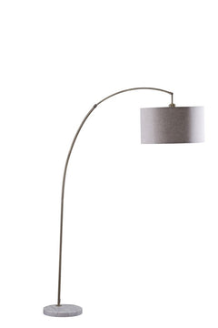 86" beige and antique gold arched floor lamp with a gray drum shade and a marble base, perfect for stylish lighting.